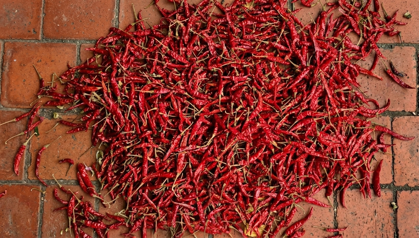 Dried Indian red chillies spread on a brick floor